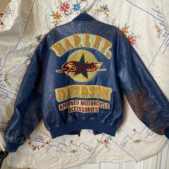 RARE VINTAGE 70s/80s CHENILLE CHAIN STITCH HARLEY DAVIDSON LEATHER BOMBER JACKET